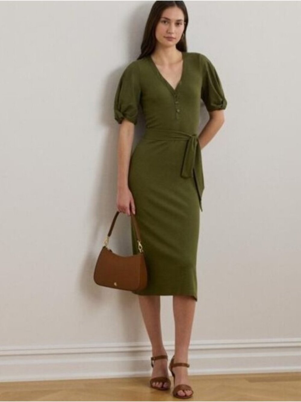 Ralph Lauren Belted Green Midi Dress Puff Sleeves Micro Ribbed New Small Cotton